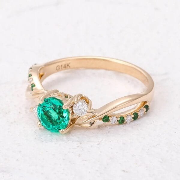 18K Pure Gold Emerald Button  Engagement Ring - Image 3