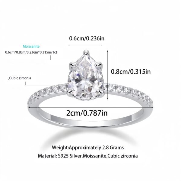 925 Sterling Silver 1.0ct Pear Shape Moissanite Ring - Image 3