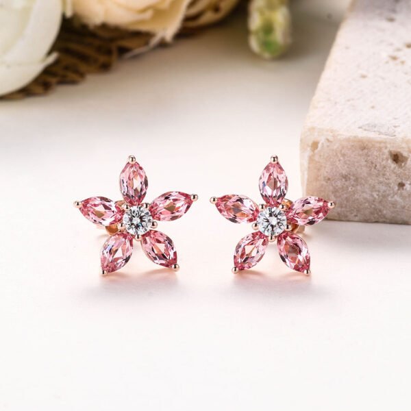 18K real gold marquise pink sapphire flower earring - Image 3