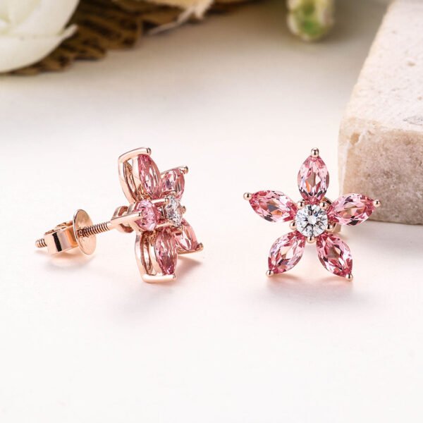 18K real gold marquise pink sapphire flower earring - Image 2