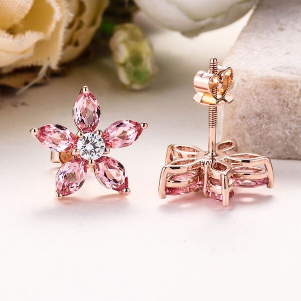 18K real gold marquise pink sapphire flower earring - Image 4