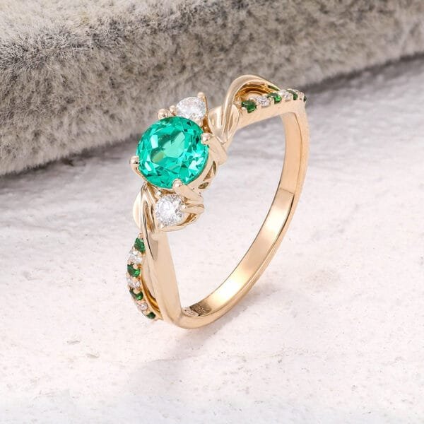 18K Pure Gold Emerald Button  Engagement Ring - Image 5