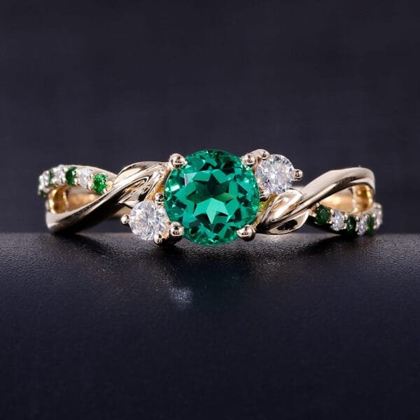 18K Pure Gold Emerald Button  Engagement Ring - Image 2