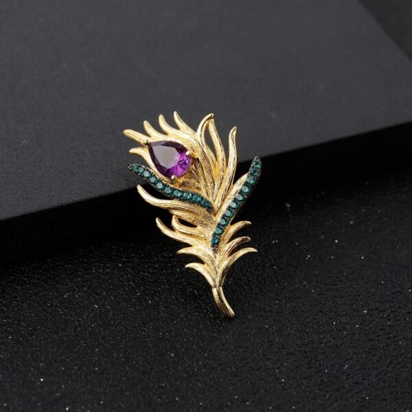 Luan Bird Gold Feather Series Natural Amethyst Feather Brooch - Image 2