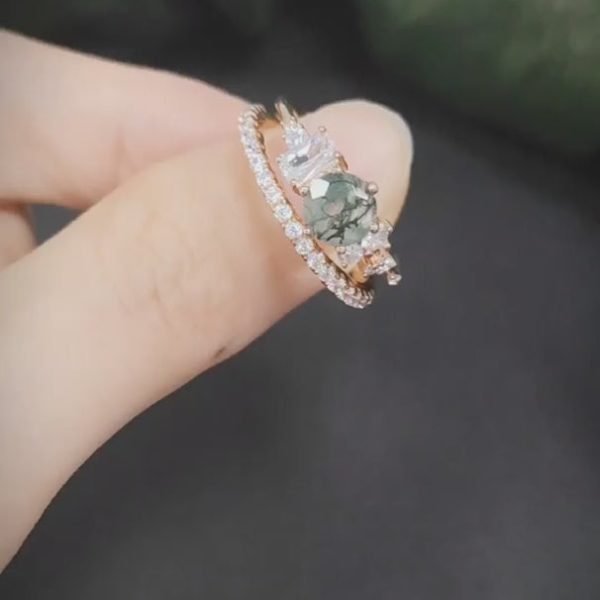 Round Cut Moss Agate Pave Engagement Ring Set in Rose Gold - 925 Sterling Silver - Image 4