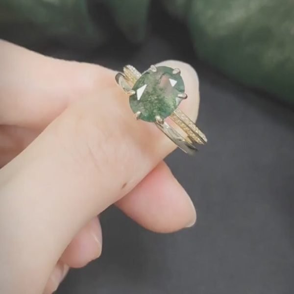 Oval Moss Agate Micro Pave Engagement Ring Set in Gold - 925 Sterling Silver - Image 5