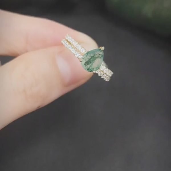 Pear Cut Moss Agate Engagement Ring Set in Gold - 925 Sterling Silver - Image 4