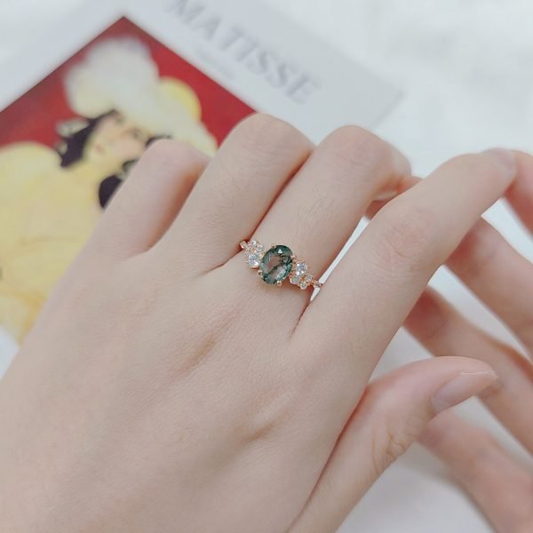 Oval Moss Agate Cluster Engagement Ring - Image 6