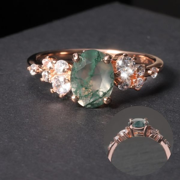 Oval Moss Agate Cluster Engagement Ring