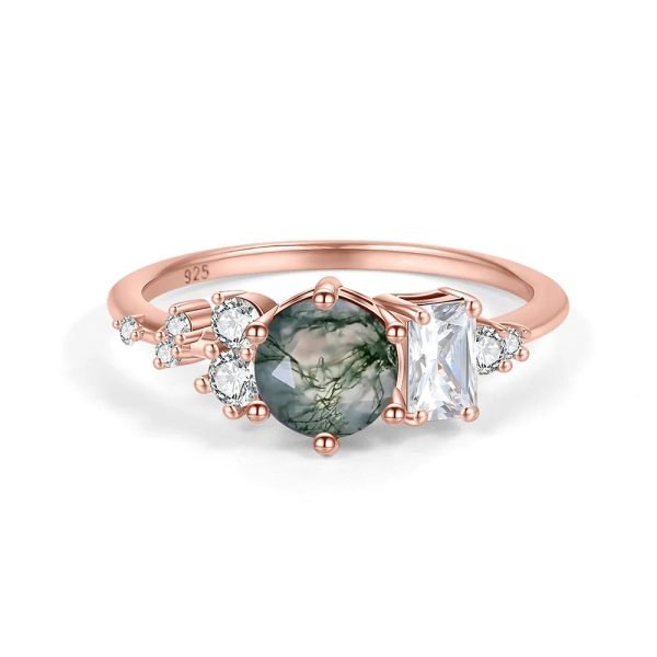Round Cut Moss Agate Pave Engagement Ring Set in Rose Gold - 925 Sterling Silver - Image 8