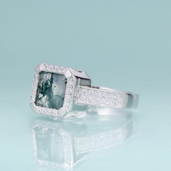 Natural Moss Agate Ring Square Halo Inlay Silver Ring - Image 3