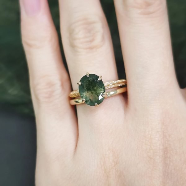 Oval Moss Agate Micro Pave Engagement Ring Set in Gold - 925 Sterling Silver - Image 3