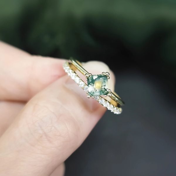 Cushion Cut Moss Agate Pave Engagement Ring Set in Gold - 925 Sterling Silver - Image 3