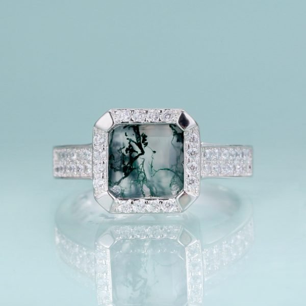 Natural Moss Agate Ring Square Halo Inlay Silver Ring