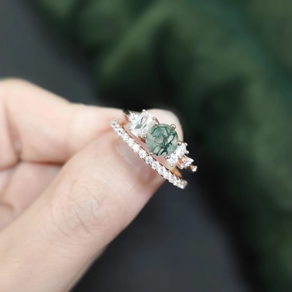 Round Cut Moss Agate Pave Engagement Ring Set in Rose Gold - 925 Sterling Silver - Image 3