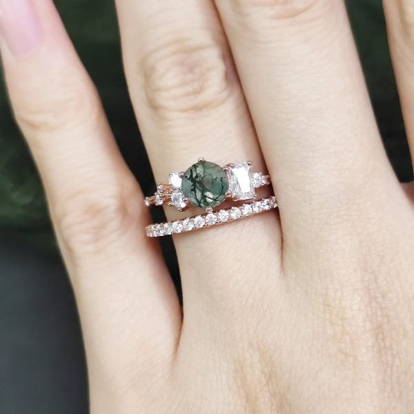 Round Cut Moss Agate Pave Engagement Ring Set in Rose Gold - 925 Sterling Silver - Image 5