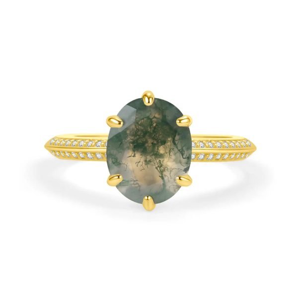 Oval Moss Agate Micro Pave Engagement Ring Set in Gold - 925 Sterling Silver - Image 6