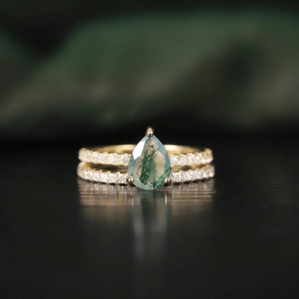 Pear Cut Moss Agate Engagement Ring Set in Gold - 925 Sterling Silver