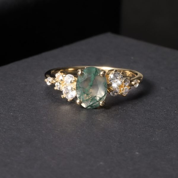 Oval Moss Agate Cluster Engagement Ring - Image 14