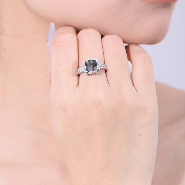 Natural Moss Agate Ring Square Halo Inlay Silver Ring - Image 4