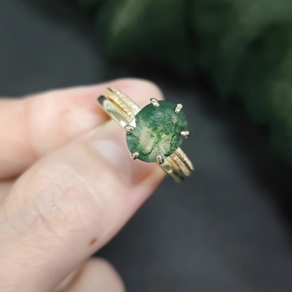 Oval Moss Agate Micro Pave Engagement Ring Set in Gold - 925 Sterling Silver - Image 4