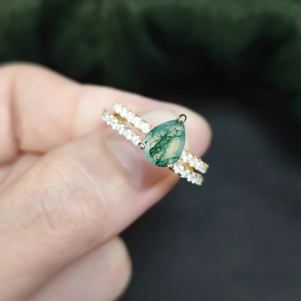 Pear Cut Moss Agate Engagement Ring Set in Gold - 925 Sterling Silver - Image 2
