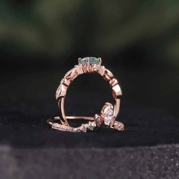 Round Cut Moss Agate Engagement Ring Set in Rose Gold - Image 5