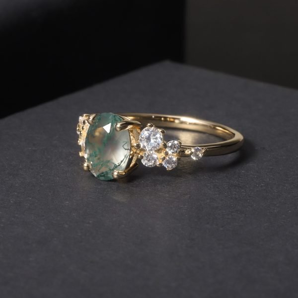 Oval Moss Agate Cluster Engagement Ring - Image 8