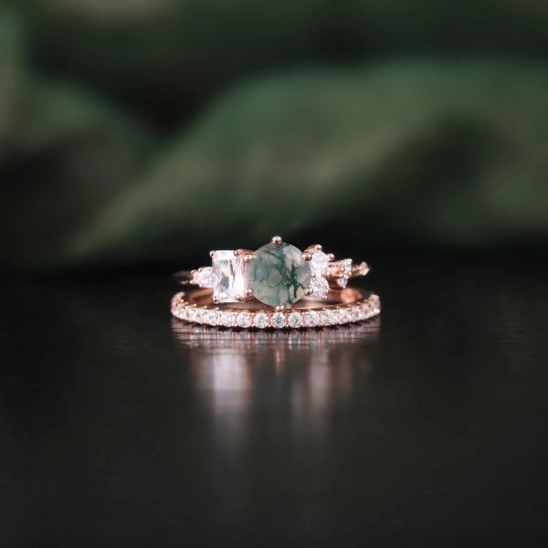 Round Cut Moss Agate Pave Engagement Ring Set in Rose Gold - 925 Sterling Silver