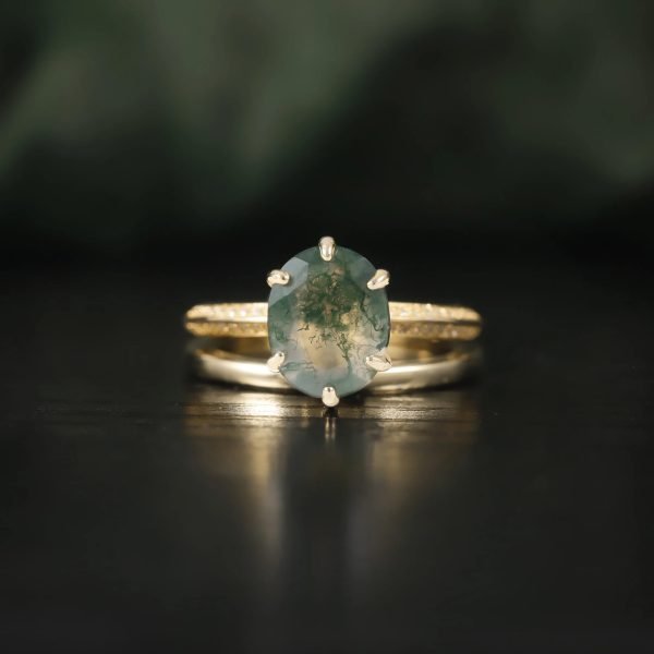 Oval Moss Agate Micro Pave Engagement Ring Set in Gold - 925 Sterling Silver