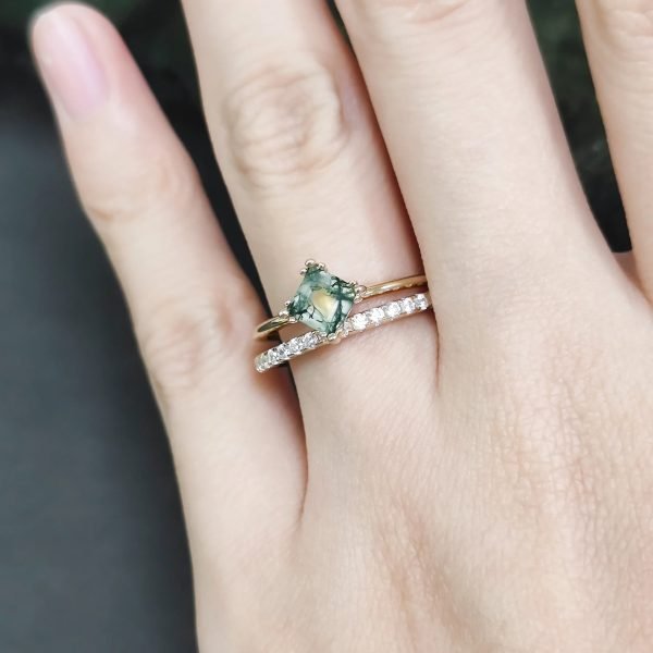Cushion Cut Moss Agate Pave Engagement Ring Set in Gold - 925 Sterling Silver - Image 2