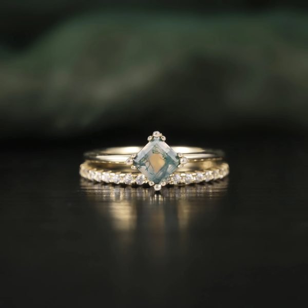 Cushion Cut Moss Agate Pave Engagement Ring Set in Gold - 925 Sterling Silver