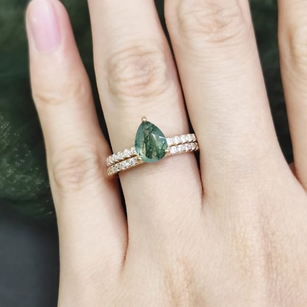 Pear Cut Moss Agate Engagement Ring Set in Gold - 925 Sterling Silver - Image 3