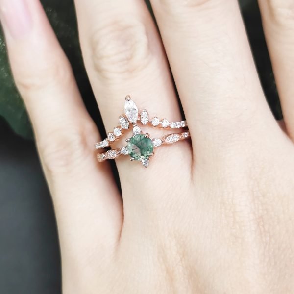Round Cut Moss Agate Engagement Ring Set in Rose Gold - Image 3