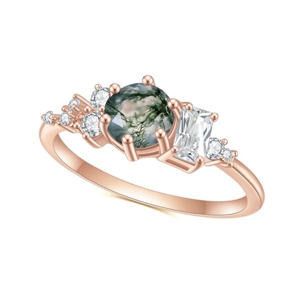 Round Cut Moss Agate Pave Engagement Ring Set in Rose Gold - 925 Sterling Silver - Image 6