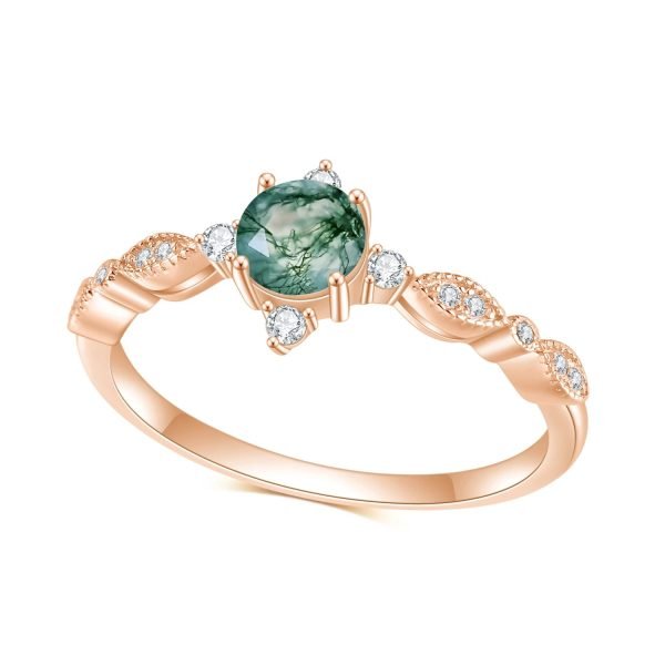 Round Cut Moss Agate Engagement Ring Set in Rose Gold - Image 6