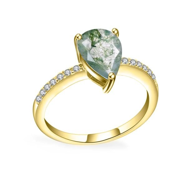 Pear Cut Moss Agate Engagement Ring Set in Gold - 925 Sterling Silver - Image 6