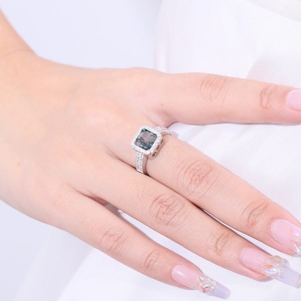 Natural Moss Agate Ring Square Halo Inlay Silver Ring - Image 2