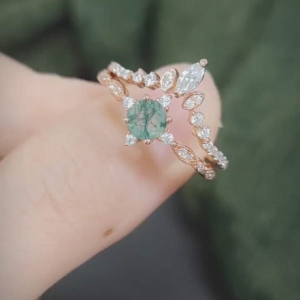 Round Cut Moss Agate Engagement Ring Set in Rose Gold - Image 4