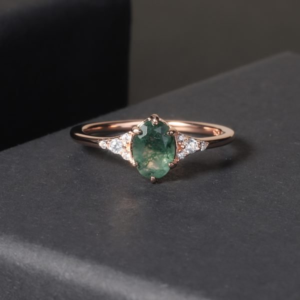 JIEMIIYOU® Oval Natural Moss Agate Ring s925 Sterling Silver Inlaid Moss Gemstone Ring