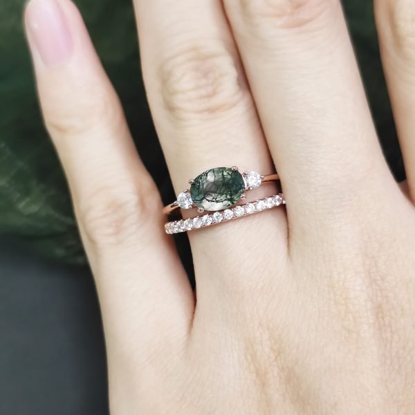 JIEMIIYOU® Oval Cut Moss Agate Pave Engagement Ring - Image 2