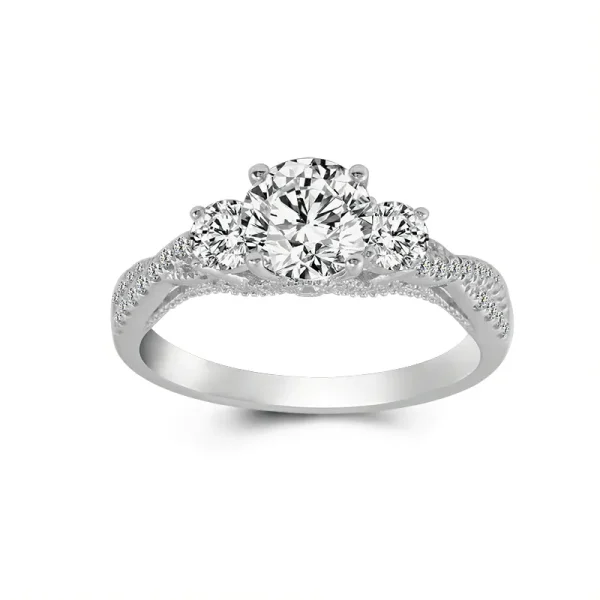 3 stone round moissanite twist arm pave band engagement ring