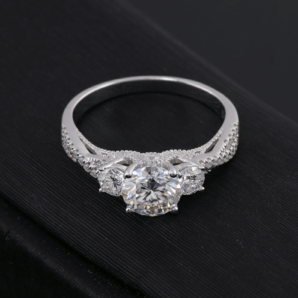 3 stone round moissanite twist arm pave band engagement ring - Image 4